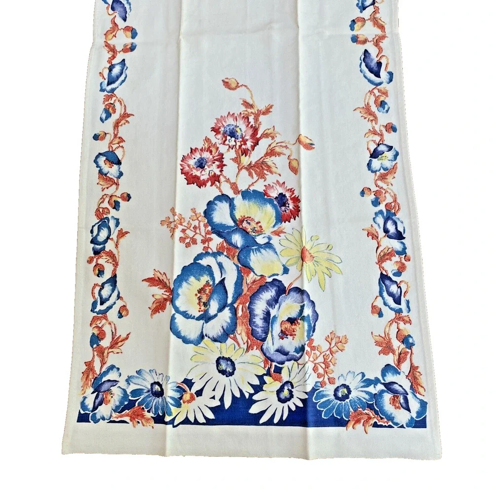 Vintage Cotton Tea Towel Printed Kitchen Cloth White Blue Red Floral Cottage